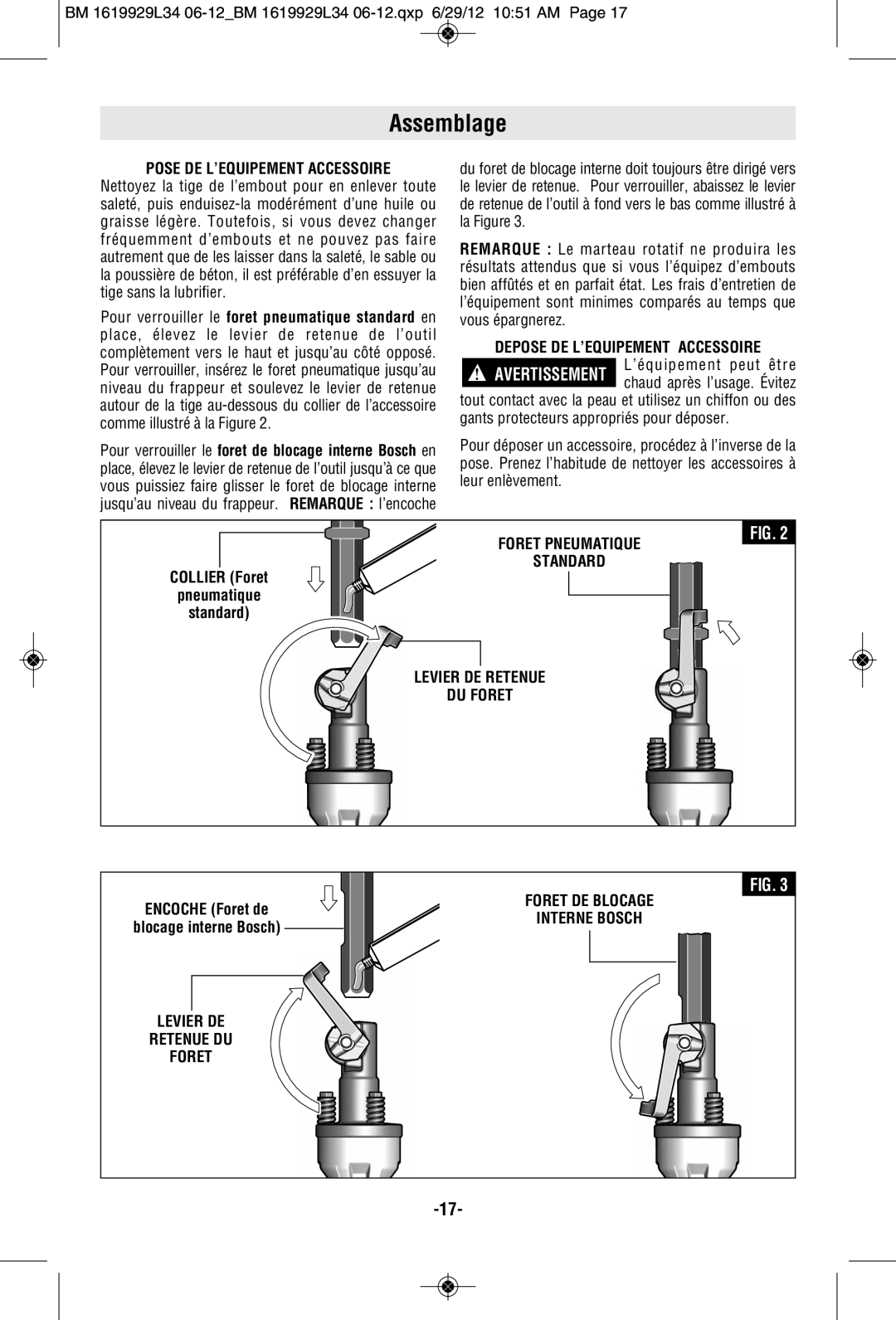 Bosch Power Tools BH2760VCB, BH2770VCD manual Assemblage, Pose De L’Equipement Accessoire, Levier De Retenue Du Foret 