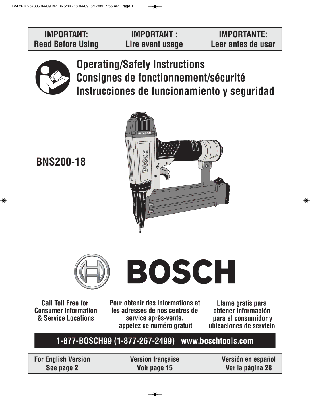 Bosch Power Tools BNS200-18 manual Importante 