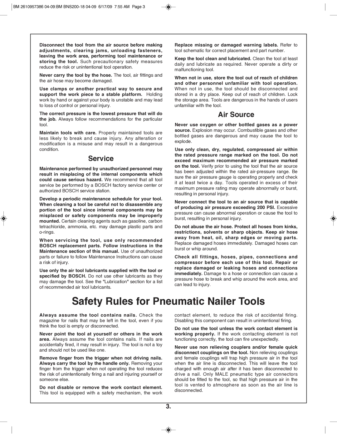 Bosch Power Tools BNS200-18 manual Safety Rules for Pneumatic Nailer Tools, Service, Air Source 