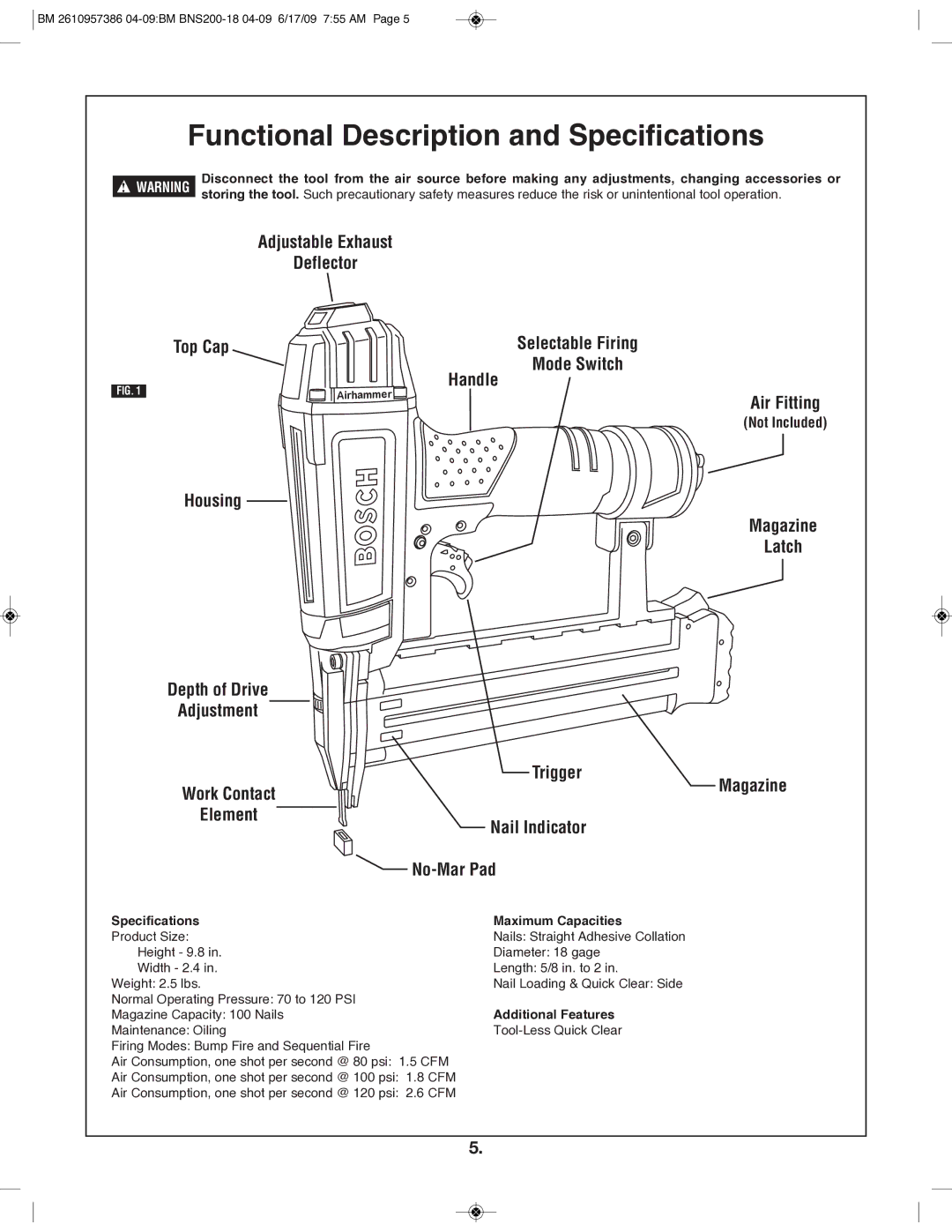 Bosch Power Tools BNS200-18 manual Functional Description and Specifications, Specifications Maximum Capacities 