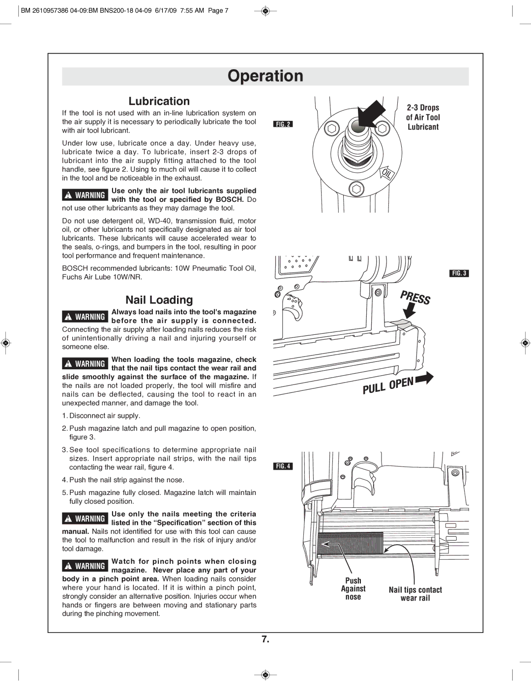 Bosch Power Tools BNS200-18 manual Lubrication, Nail Loading, Lubricant, Against Nail tips contact Nose Wear rail 