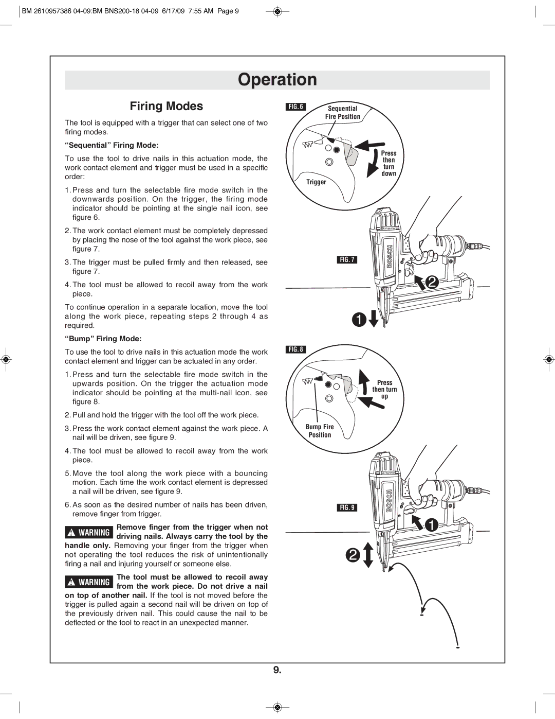 Bosch Power Tools BNS200-18 manual Firing Modes, Sequential Firing Mode, Bump Firing Mode, Trigger Press 