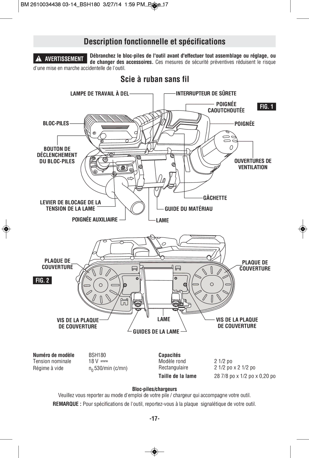 Bosch Power Tools BSH180-01, BSH180BN, BSH180BL manual Description fonctionnelle et spécifications, Scie à ruban sans fil 