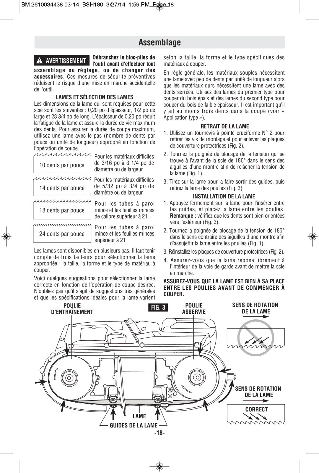 Bosch Power Tools BSH180BN, BSH180BL Assemblage, Lames ET Sélection DES Lames, Retrait DE LA Lame, Installation DE LA Lame 