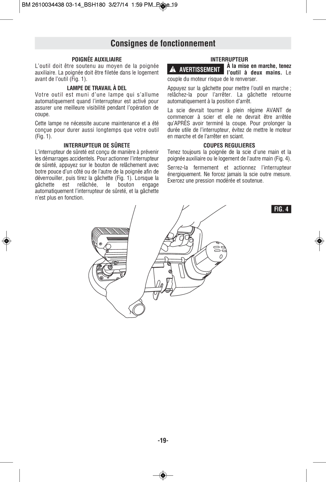 Bosch Power Tools BSH180BL Consignes de fonctionnement, Lampe DE Travail À DEL, Interrupteur DE Sûrete, Coupes Regulieres 