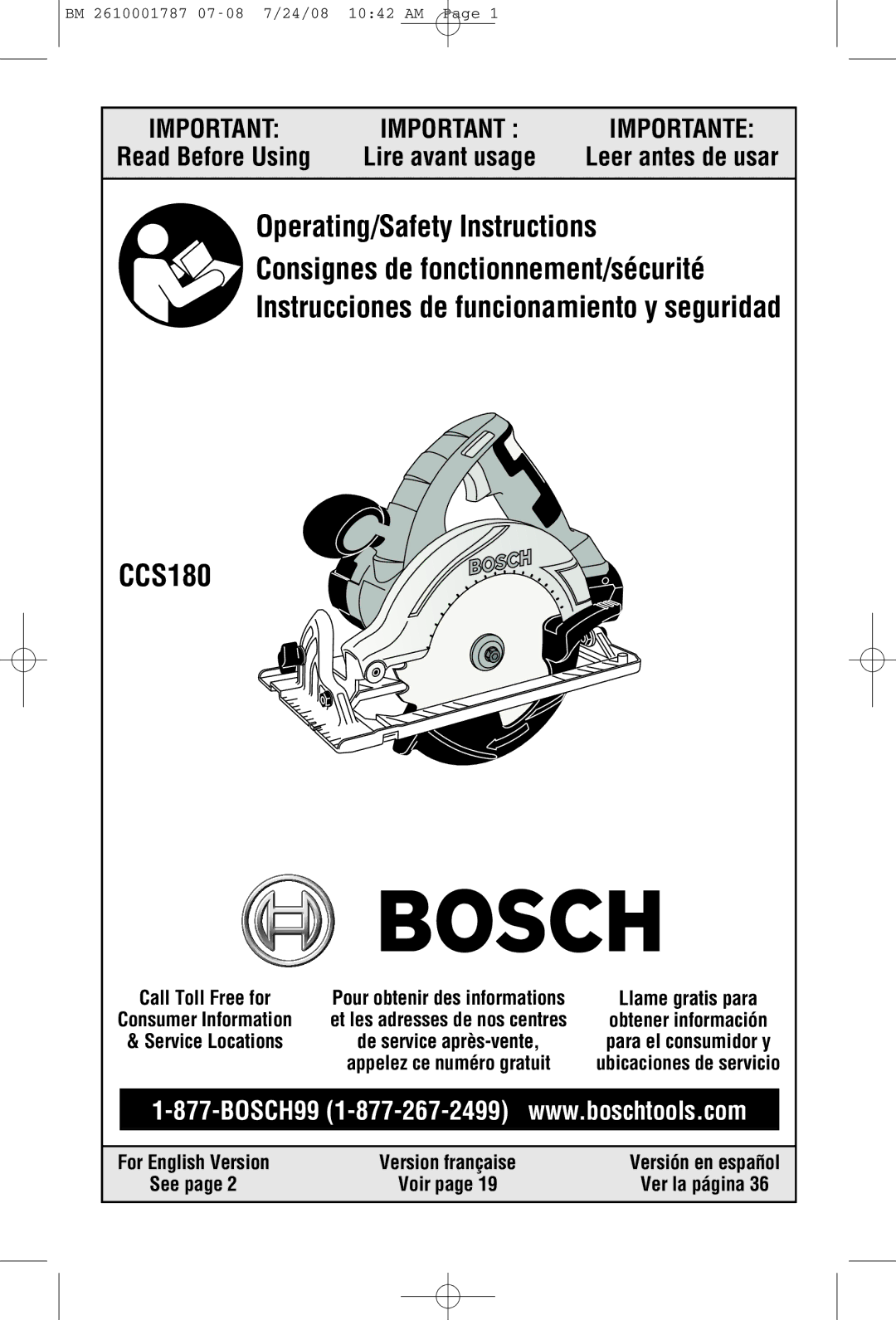 Bosch Power Tools CCS180 manual Read Before Using 