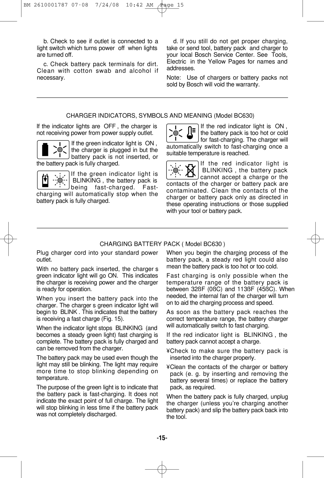 Bosch Power Tools CCS180 manual Charger INDICATORS, Symbols and Meaning Model BC630, Charging Battery Pack Model BC630 