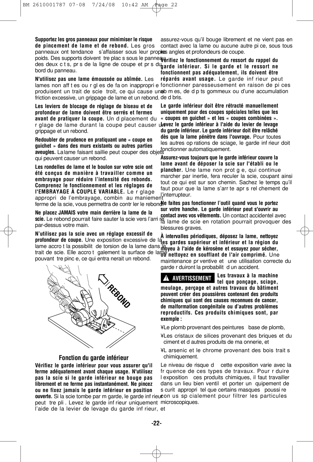 Bosch Power Tools CCS180 manual Fonction du garde inférieur, Le plomb provenant des peintures à base de plomb 