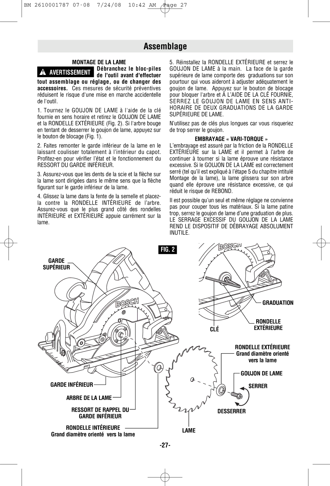 Bosch Power Tools CCS180 Assemblage, Montage DE LA Lame, Embrayage « VARI-TORQUE », Graduation Rondelle Cléextérieure 