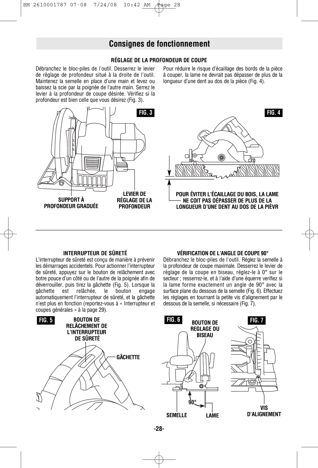 Bosch Power Tools CCS180 Consignes de fonctionnement, Réglage DE LA Profondeur DE Coupe, Vérification DE L’ANGLE DE Coupe 