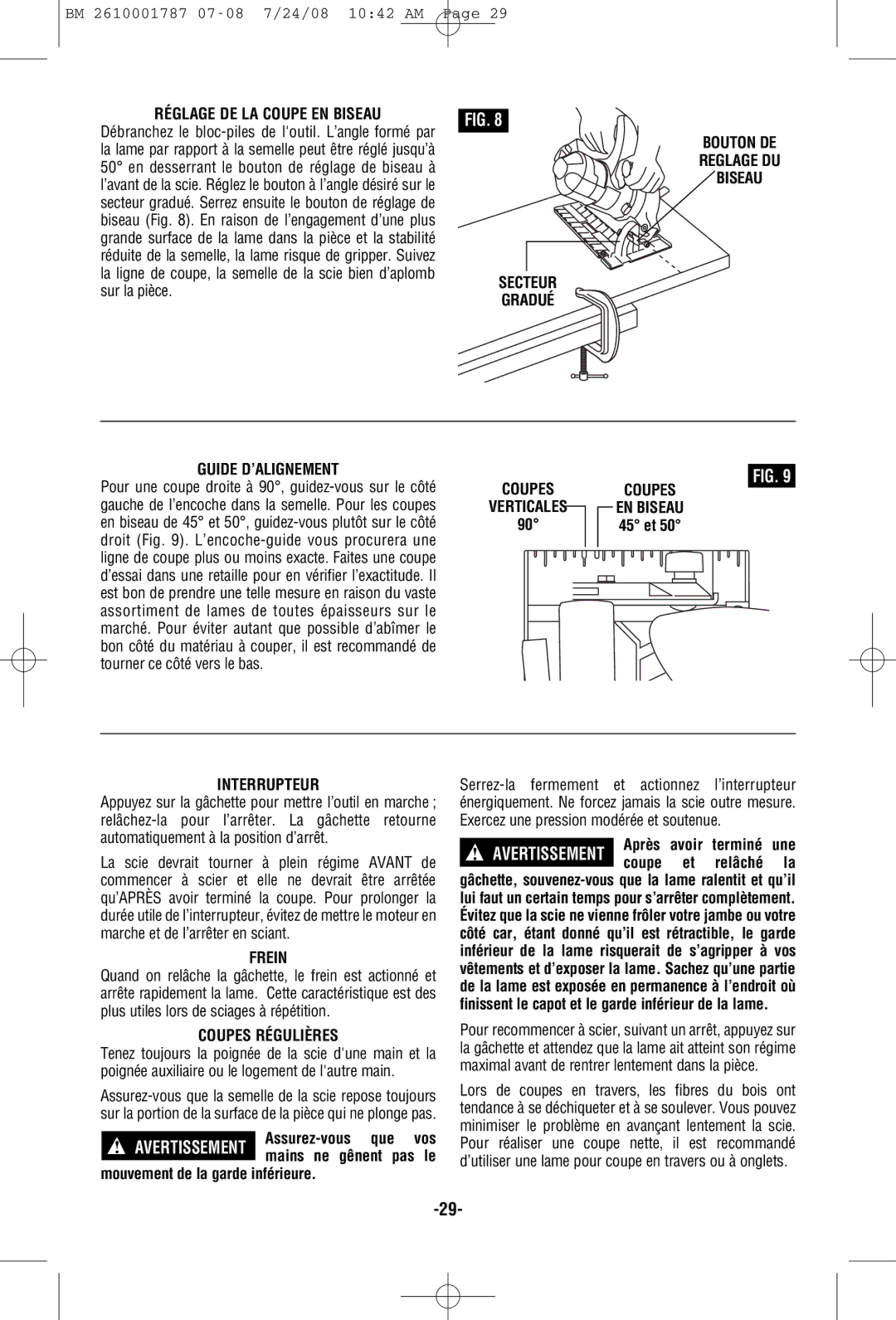 Bosch Power Tools CCS180 manual Réglage DE LA Coupe EN Biseau, Guide D’ALIGNEMENT, Coupes Verticales, Interrupteur, Frein 