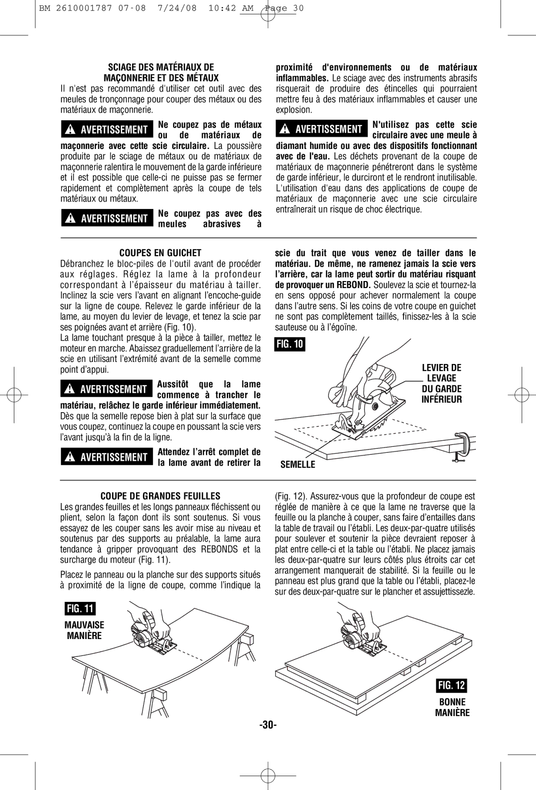 Bosch Power Tools CCS180 manual Sciage DES Matériaux DE Maçonnerie ET DES Métaux, Coupes EN Guichet, Mauvaise Manière Bonne 