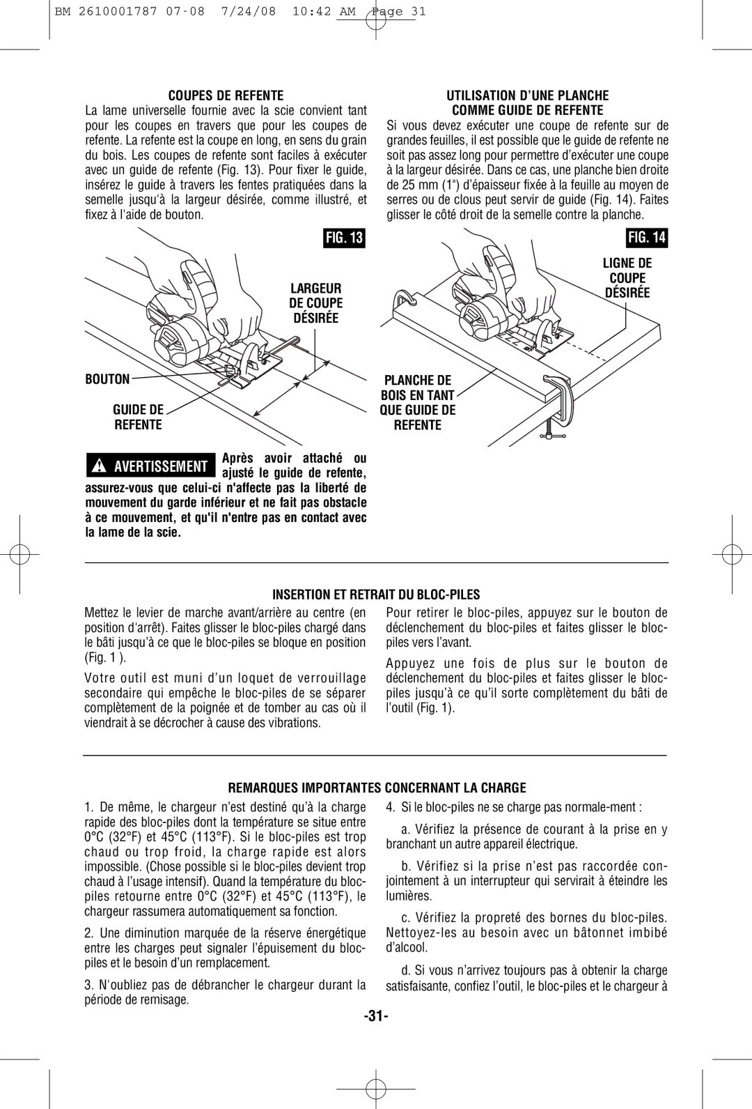 Bosch Power Tools CCS180 manual Coupes DE Refente, Utilisation D’UNE Planche Comme Guide DE Refente 