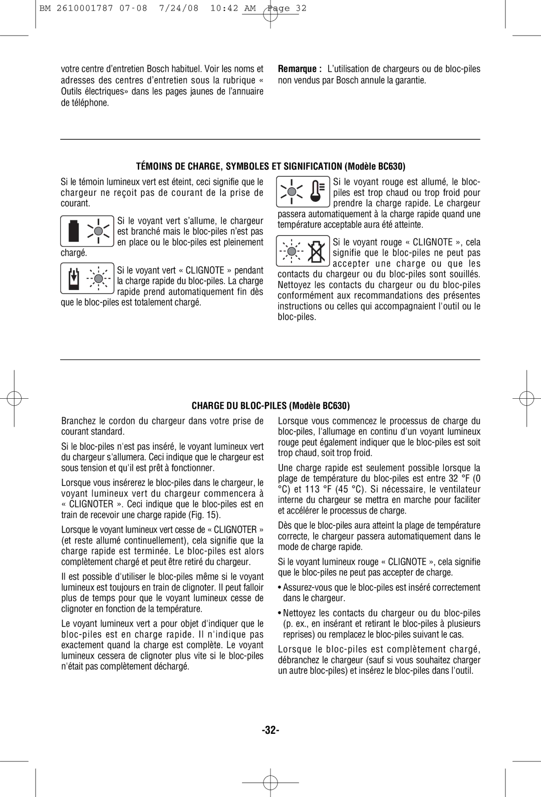 Bosch Power Tools CCS180 manual Témoins DE CHARGE, Symboles ET Signification Modèle BC630, Chargé 