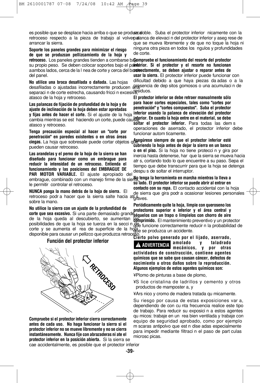 Bosch Power Tools CCS180 manual KIR ET Roceso, Función del protector inferior 