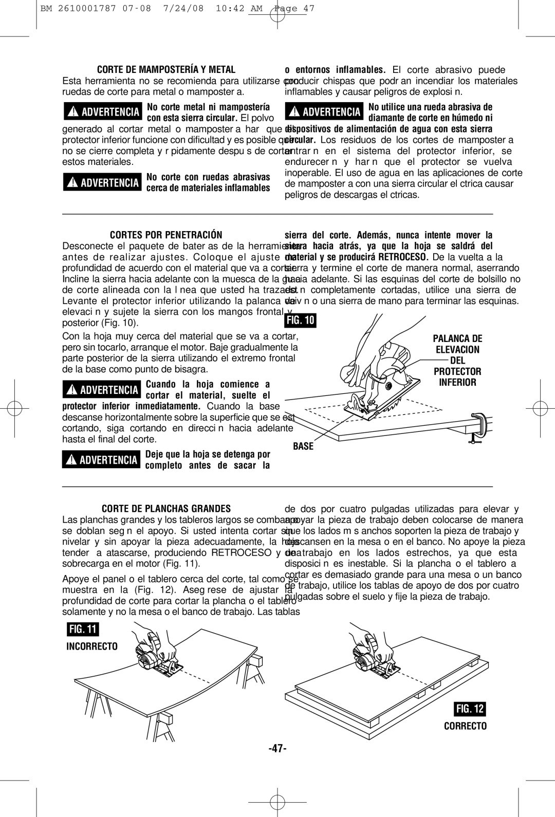 Bosch Power Tools CCS180 manual Corte DE Mampostería Y Metal, Cortes POR Penetración, Incorrecto Correcto 