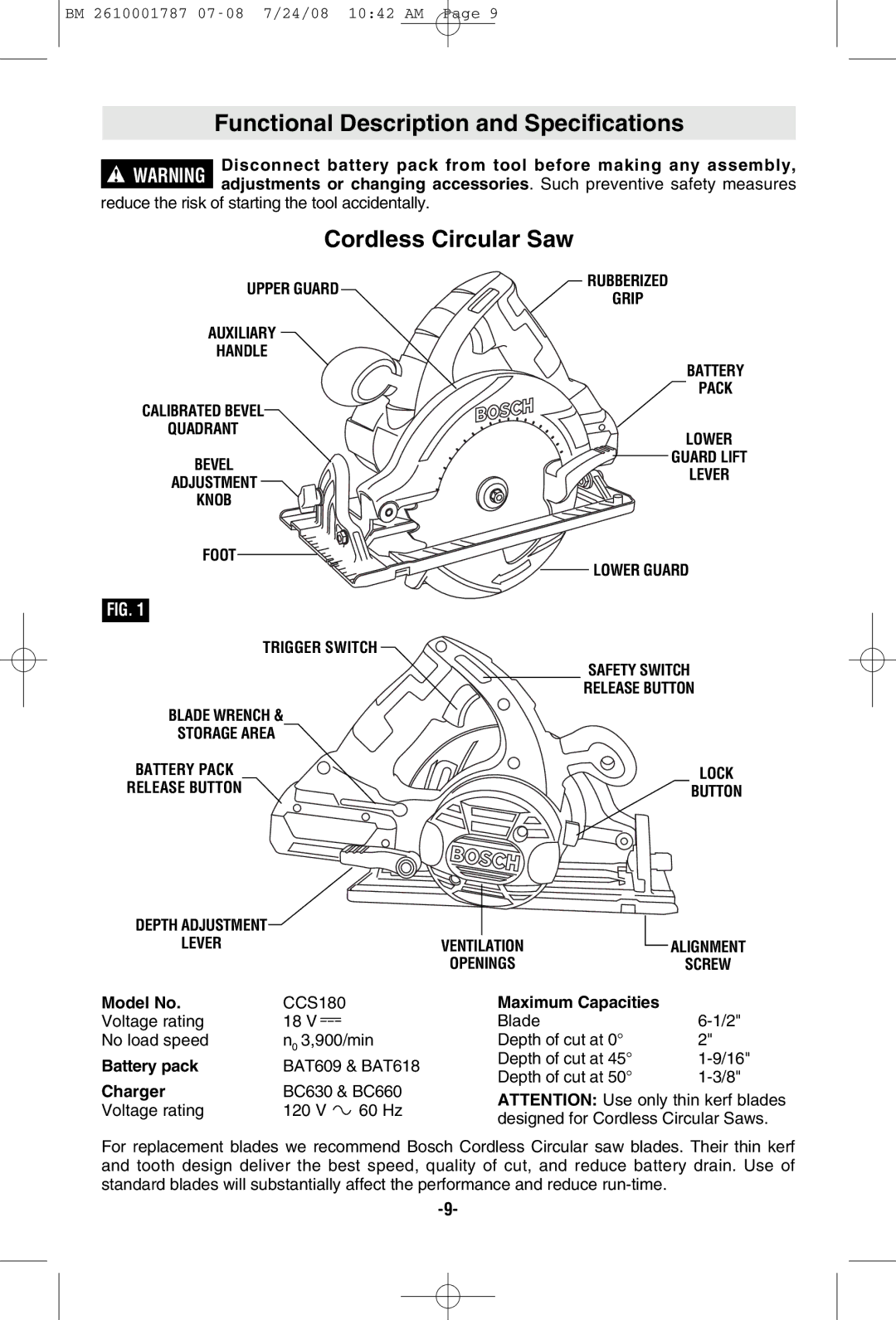 Bosch Power Tools CCS180 manual Functional Description and Specifications, Cordless Circular Saw 