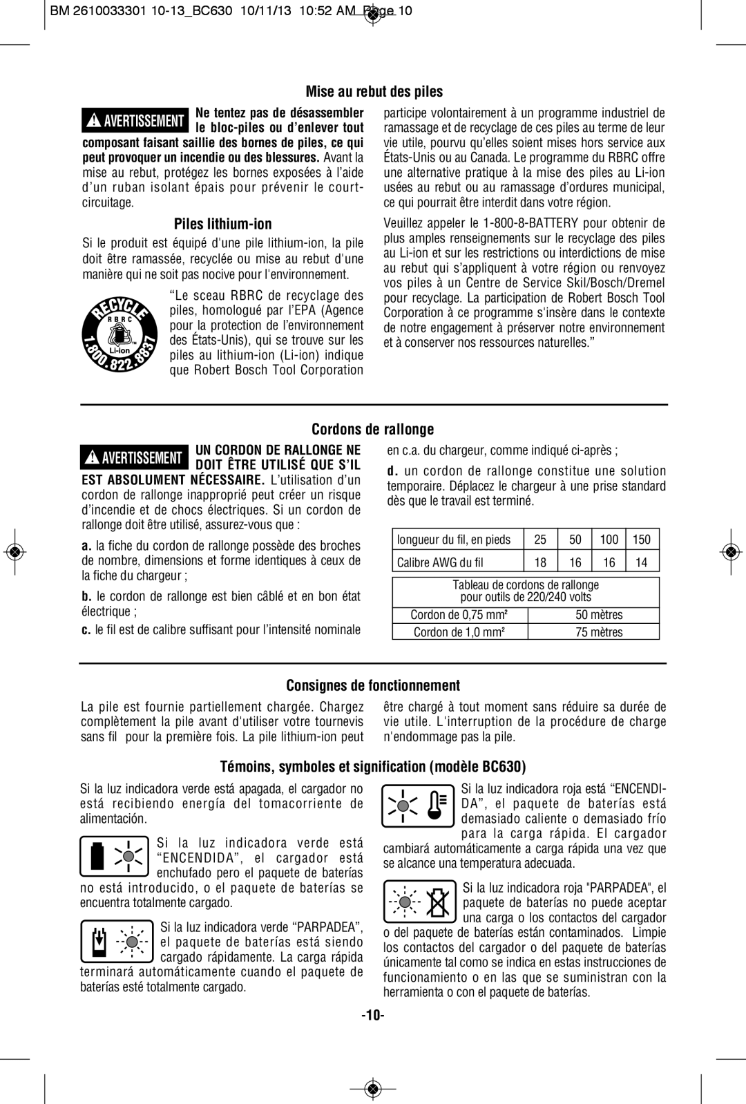 Bosch Power Tools BC660 manual Mise au rebut des piles, Piles lithium-ion, Cordons de rallonge, Consignes de fonctionnement 