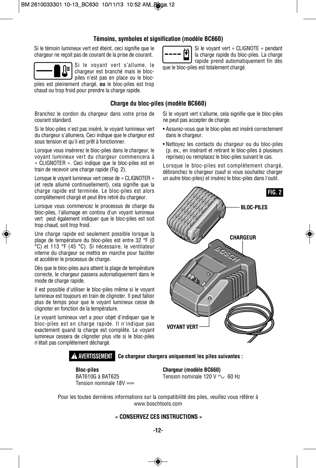 Bosch Power Tools CCS180BL, CCS180BN Témoins, symboles et signification modèle BC660, Charge du bloc-piles modèle BC660 