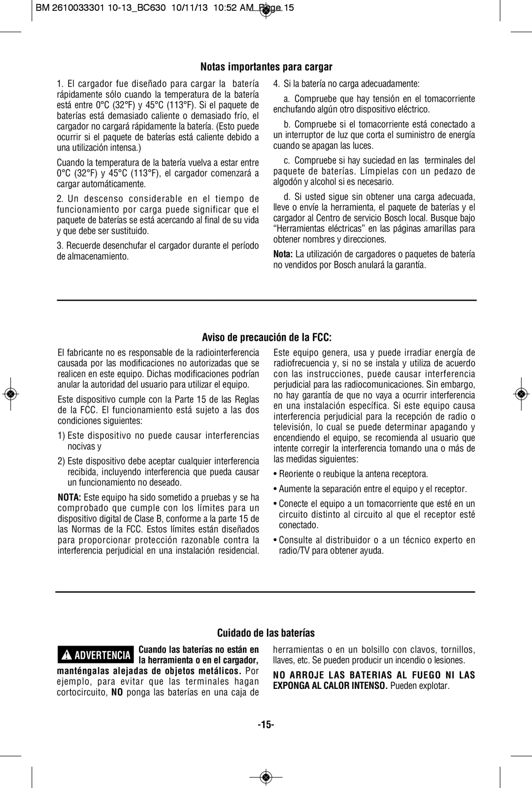 Bosch Power Tools BC630, CCS180BL Notas importantes para cargar, Aviso de precaución de la FCC, Cuidado de las baterías 