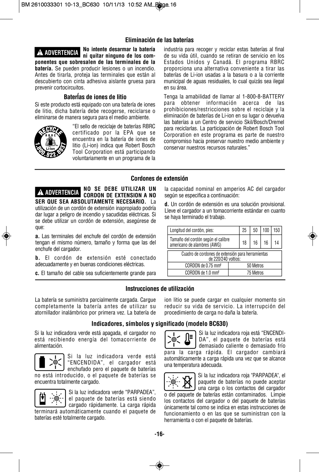 Bosch Power Tools CCS180BL, CCS180BN, BC660 Eliminación de las baterías, BaterÍas de iones de litio, Cordones de extensión 