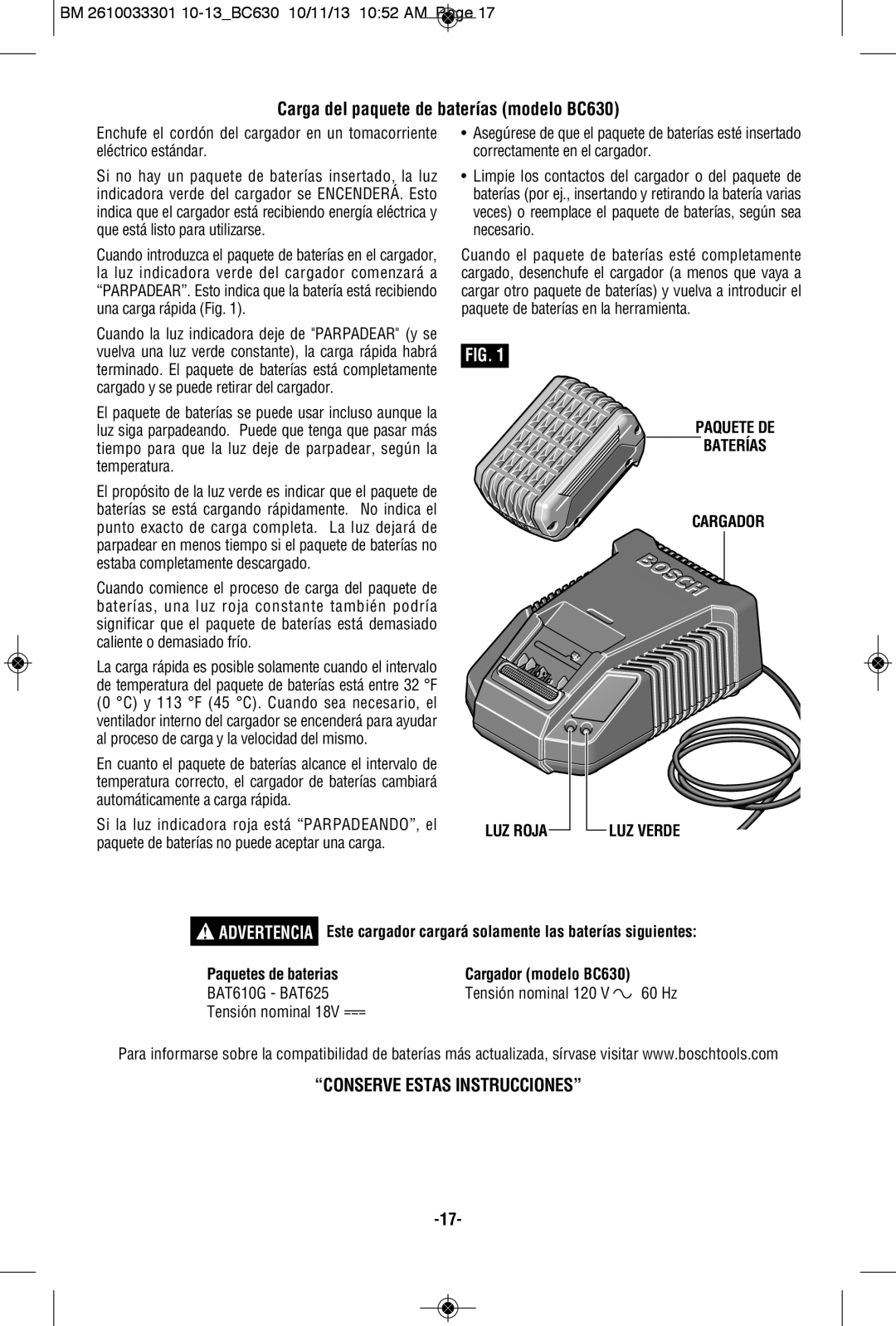 Bosch Power Tools CCS180BN Carga del paquete de baterías modelo BC630, Paquete DE Baterías Cargador, Tensión nominal 120 