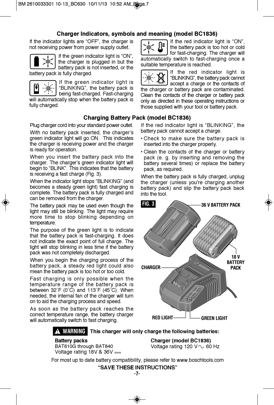 Bosch Power Tools BC630, CCS180BL Charger Indicators, symbols and meaning model BC1836, Charging Battery Pack model BC1836 