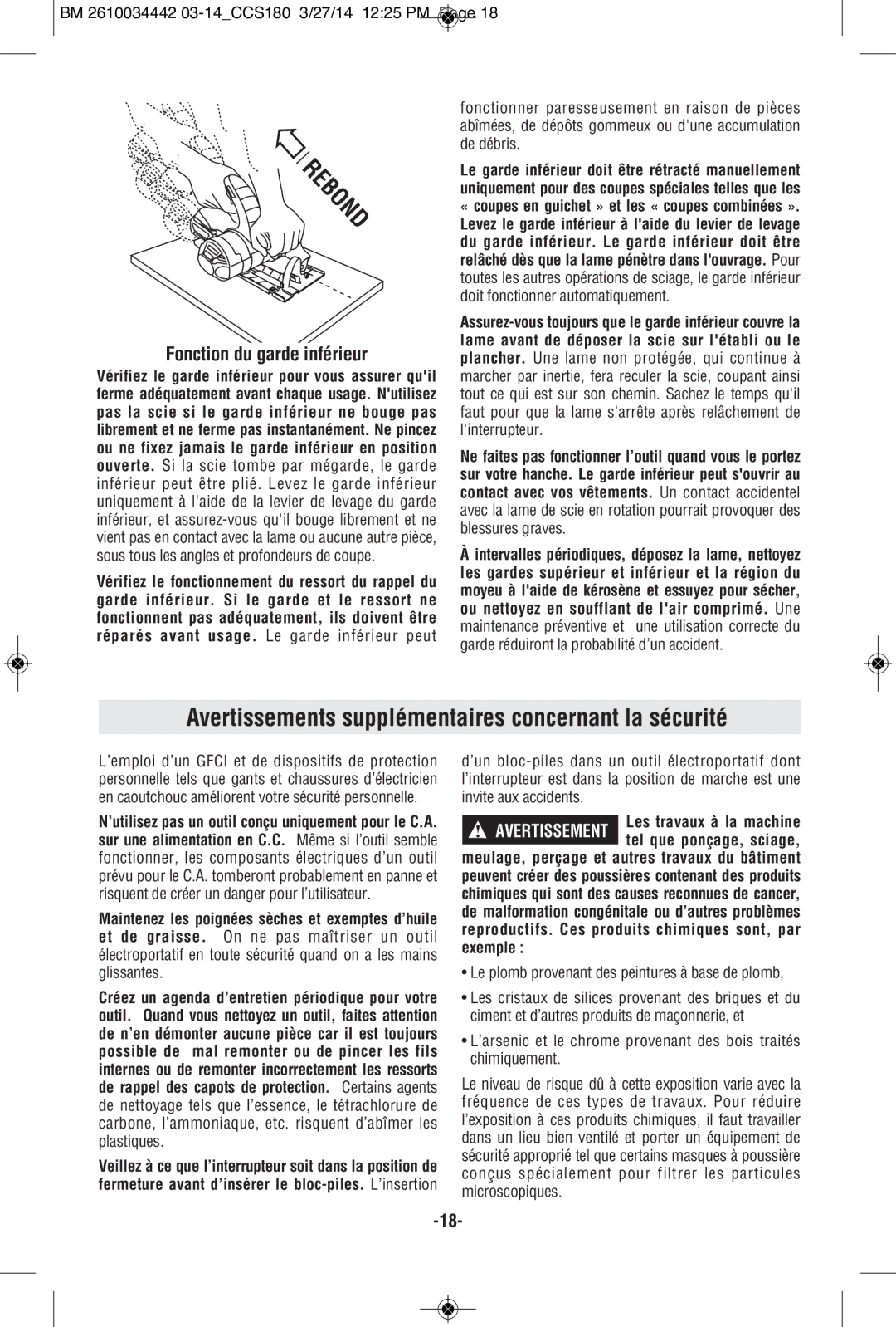 Bosch Power Tools CCS180K, CCS180B manual Avertissements supplémentaires concernant la sécurité, Fonction du garde inférieur 