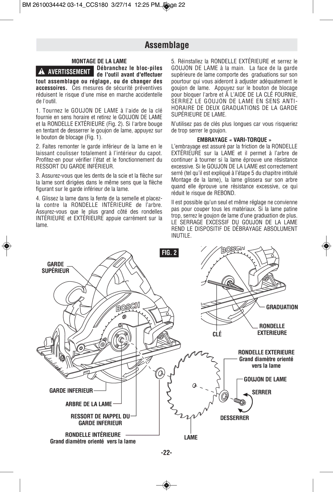 Bosch Power Tools CCS180K, CCS180B manual Assemblage, Embrayage « VARI-TORQUE », Graduation Rondelle Cléexterieure 