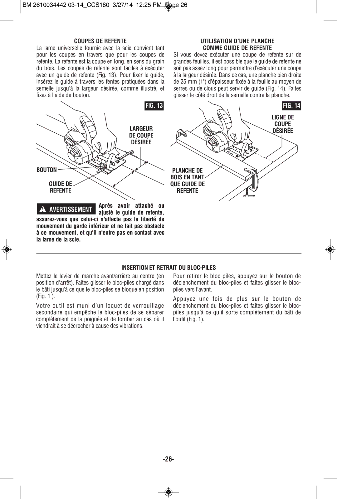 Bosch Power Tools CCS180K, CCS180B manual Coupes DE Refente, Utilisation D’UNE Planche Comme Guide DE Refente 