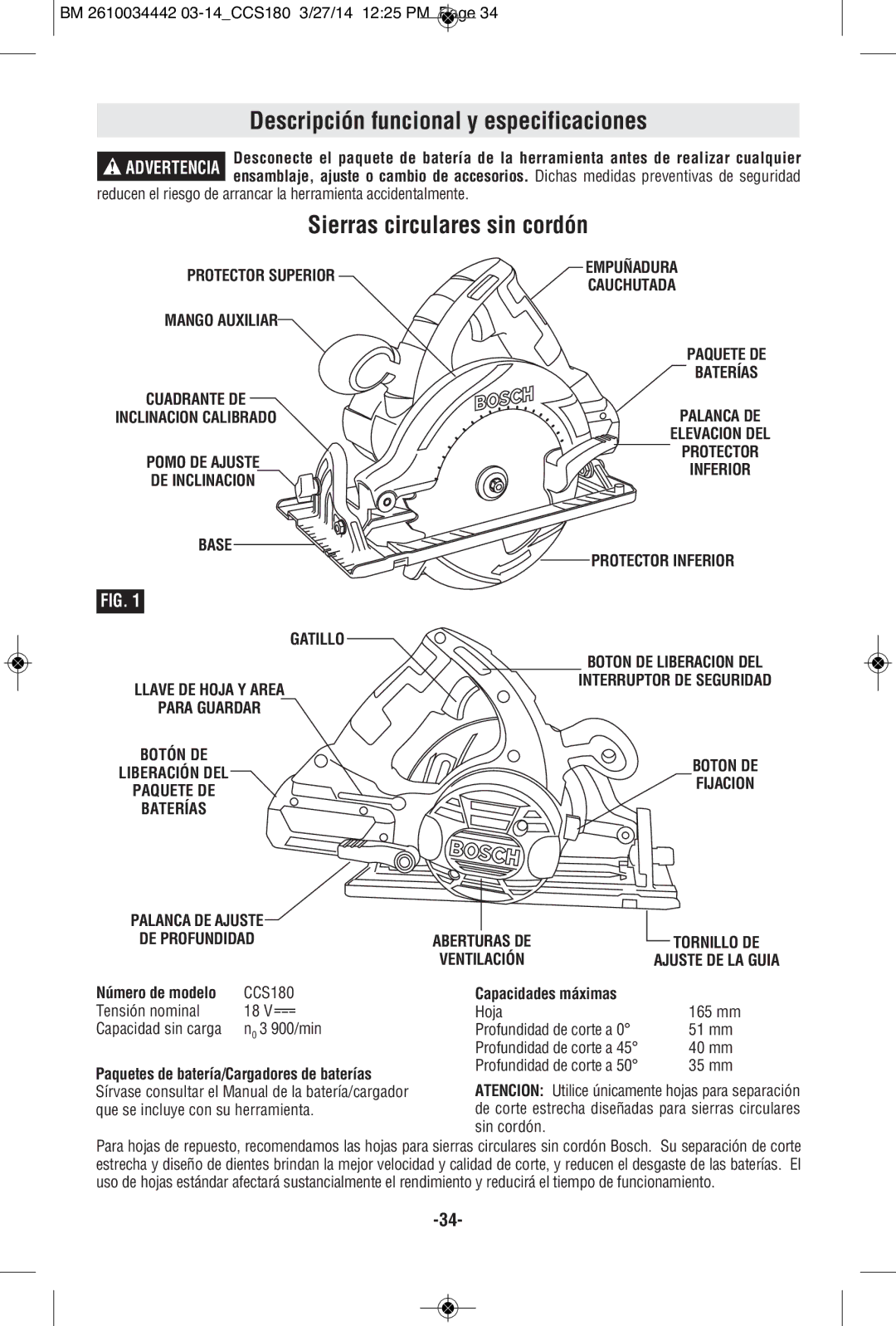 Bosch Power Tools CCS180K, CCS180B manual Descripción funcional y especificaciones, Sierras circulares sin cordón 