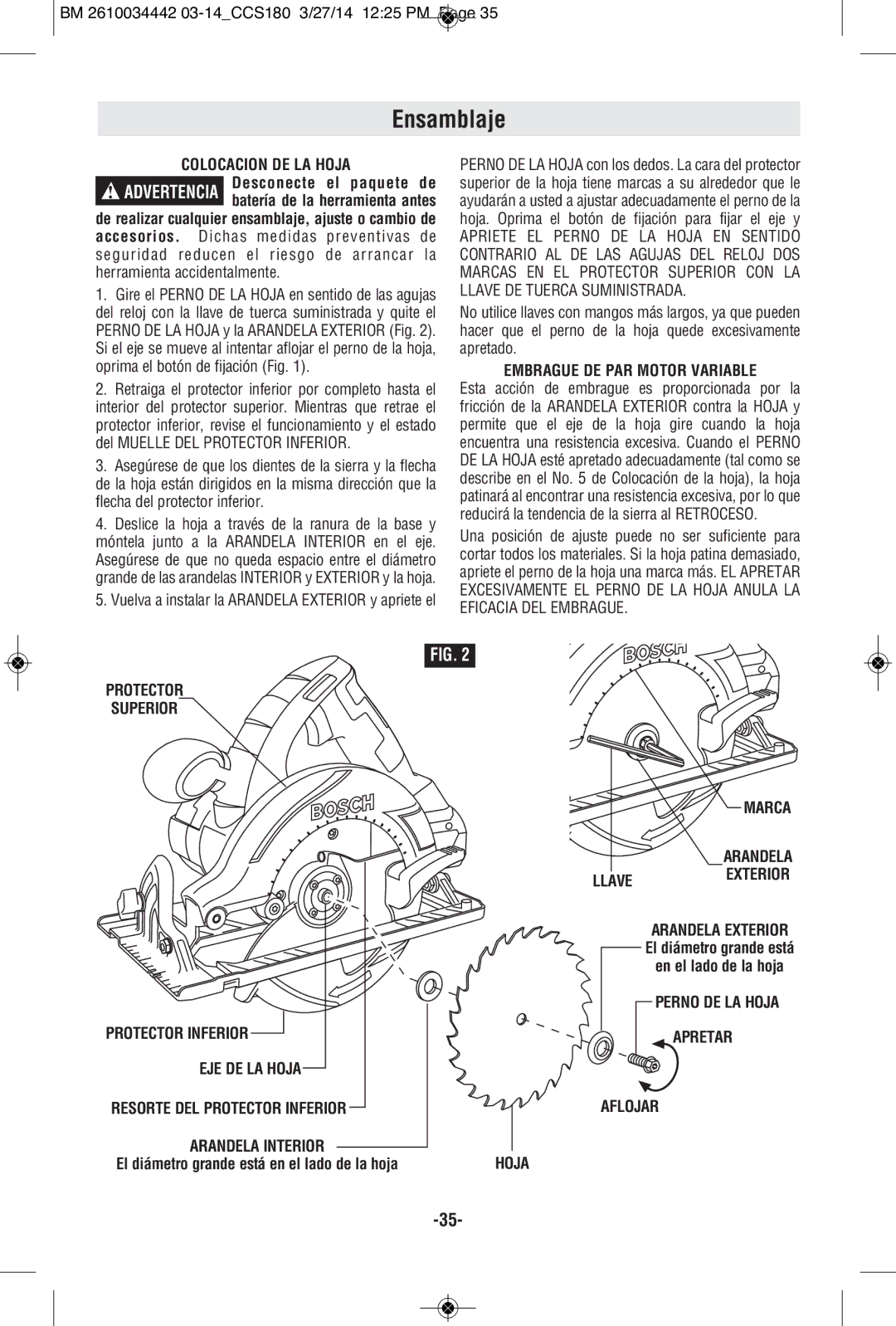 Bosch Power Tools CCS180B, CCS180K manual Ensamblaje, Embrague DE PAR Motor Variable, Marca Arandela Llaveexterior 