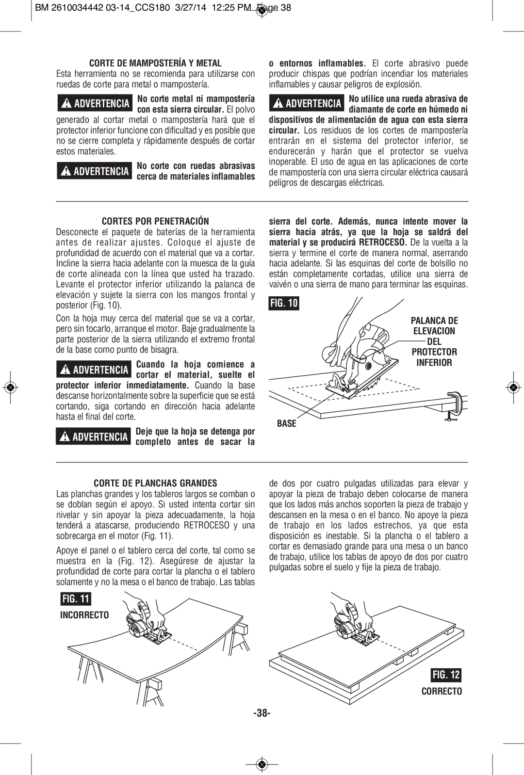 Bosch Power Tools CCS180K, CCS180B manual Corte DE Mampostería Y Metal, Cortes POR Penetración, Incorrecto Correcto 