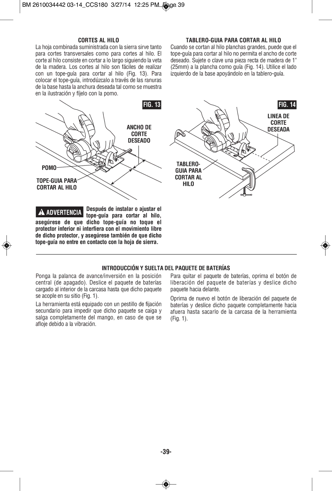 Bosch Power Tools CCS180B, CCS180K manual Cortes AL Hilo, TABLERO-GUIA Para Cortar AL Hilo, Ancho DE Corte Deseado, Pomo 