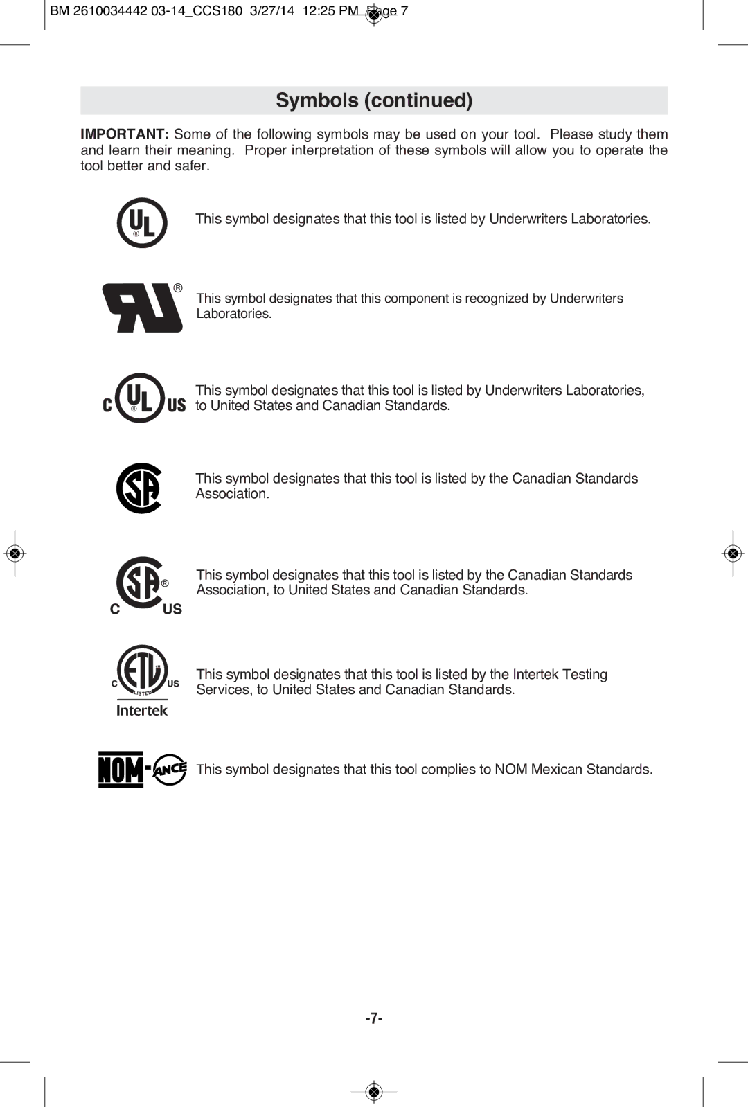 Bosch Power Tools CCS180B, CCS180K manual Symbols 