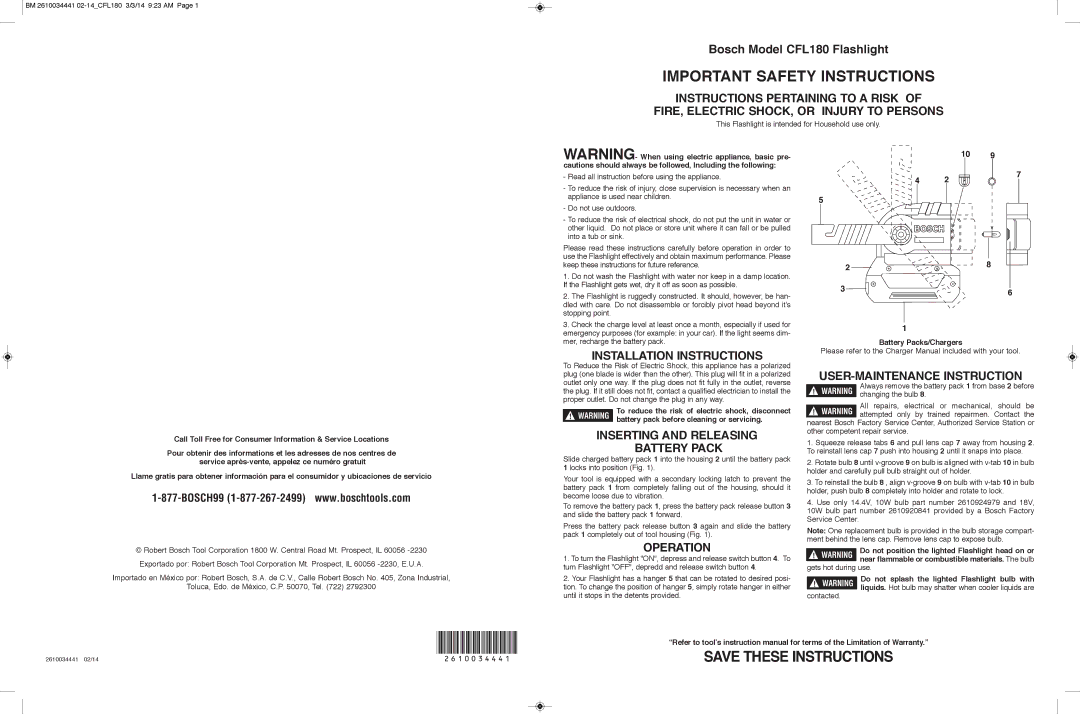 Bosch Power Tools CFL180 installation instructions Installation Instructions, Battery Pack, Operation 