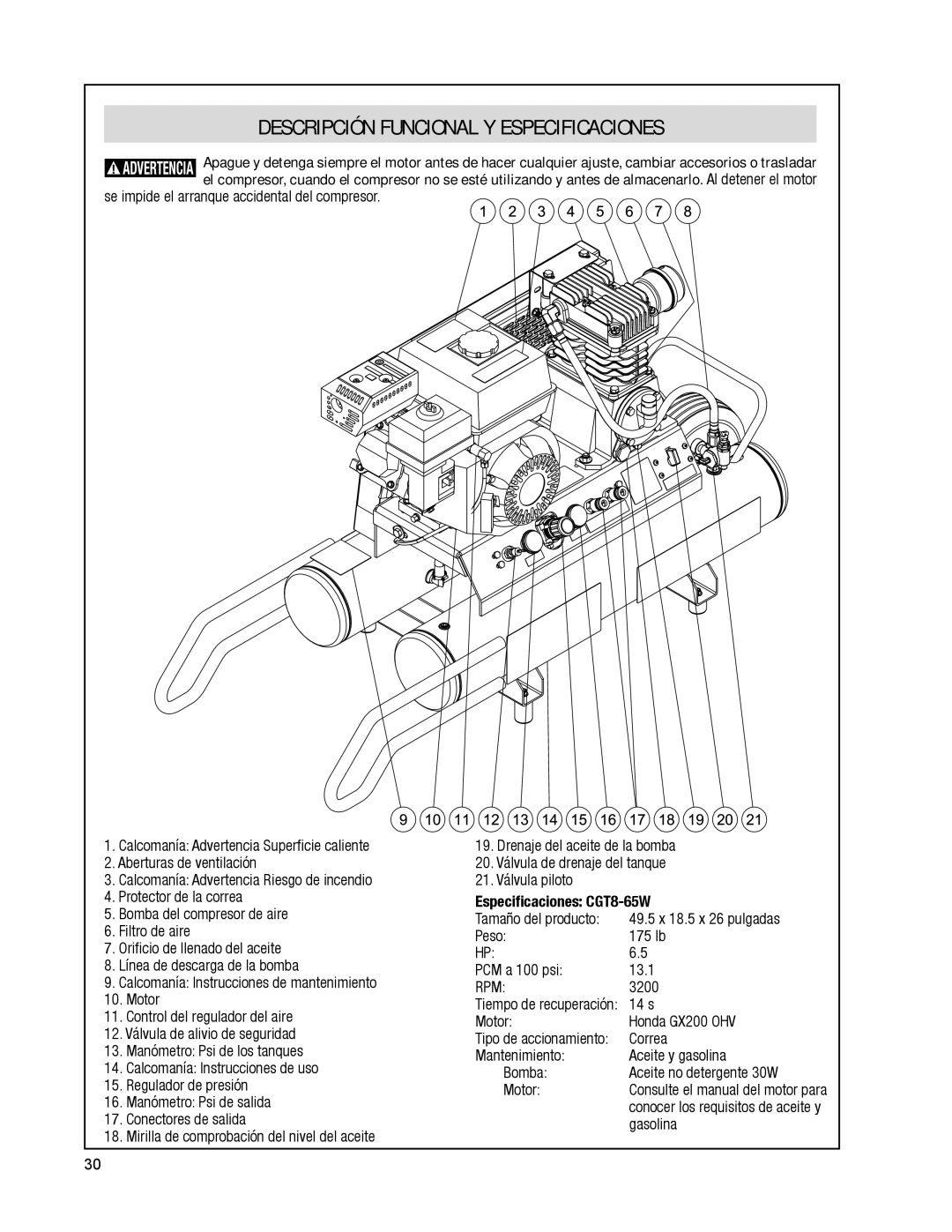 Bosch Power Tools Descripción funcional y especificaciones, Especificaciones CGT8-65W, Motor Honda GX200 OHV, Correa 