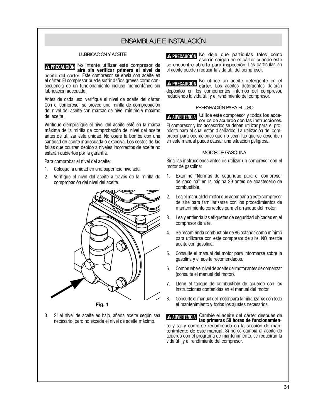 Bosch Power Tools CGT8-65W Ensamblaje E Instalación, Lubricación Y Aceite, Preparación Para EL USO, Motor DE Gasolina 