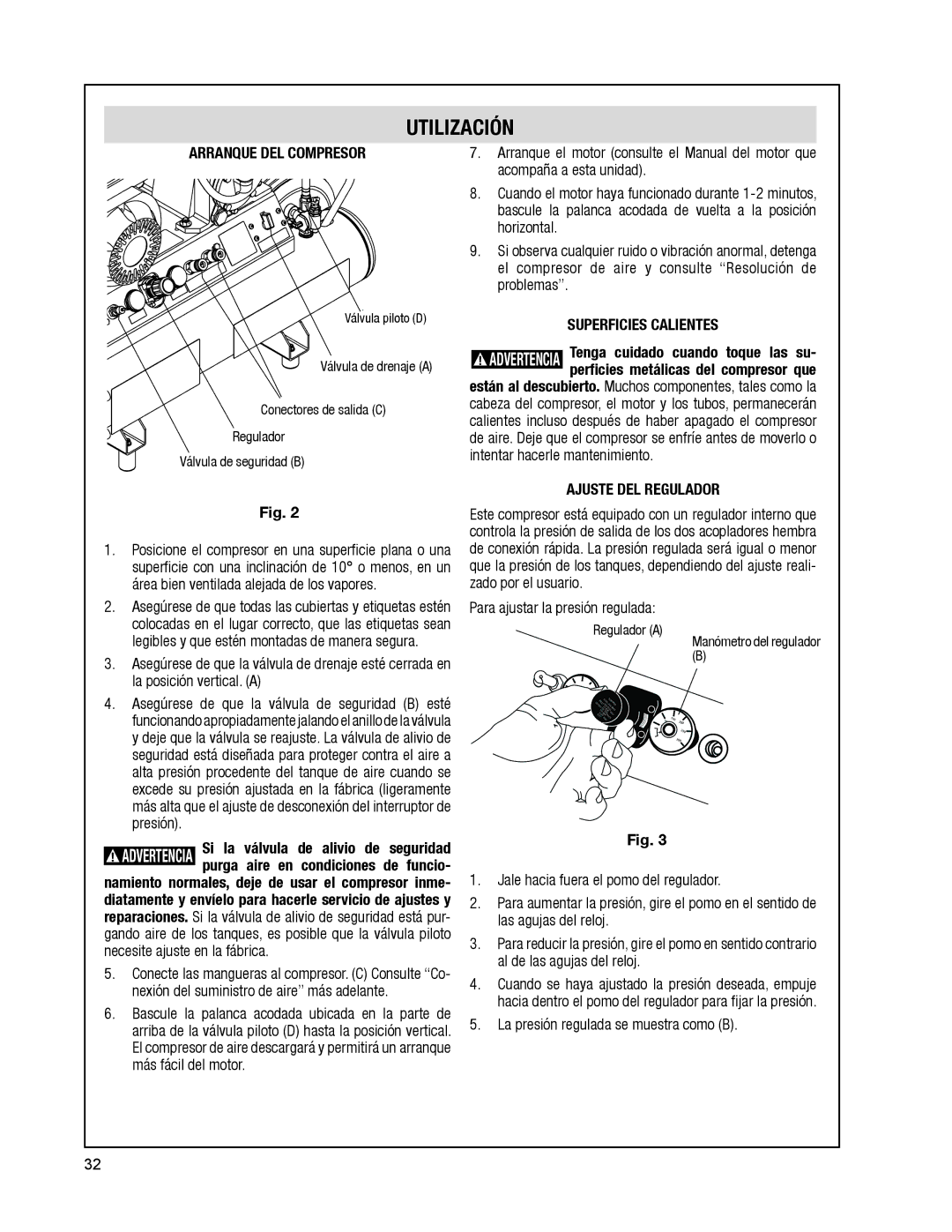 Bosch Power Tools CGT8-65W manual Utilización, Arranque DEL Compresor, Superficies Calientes, Ajuste DEL Regulador 