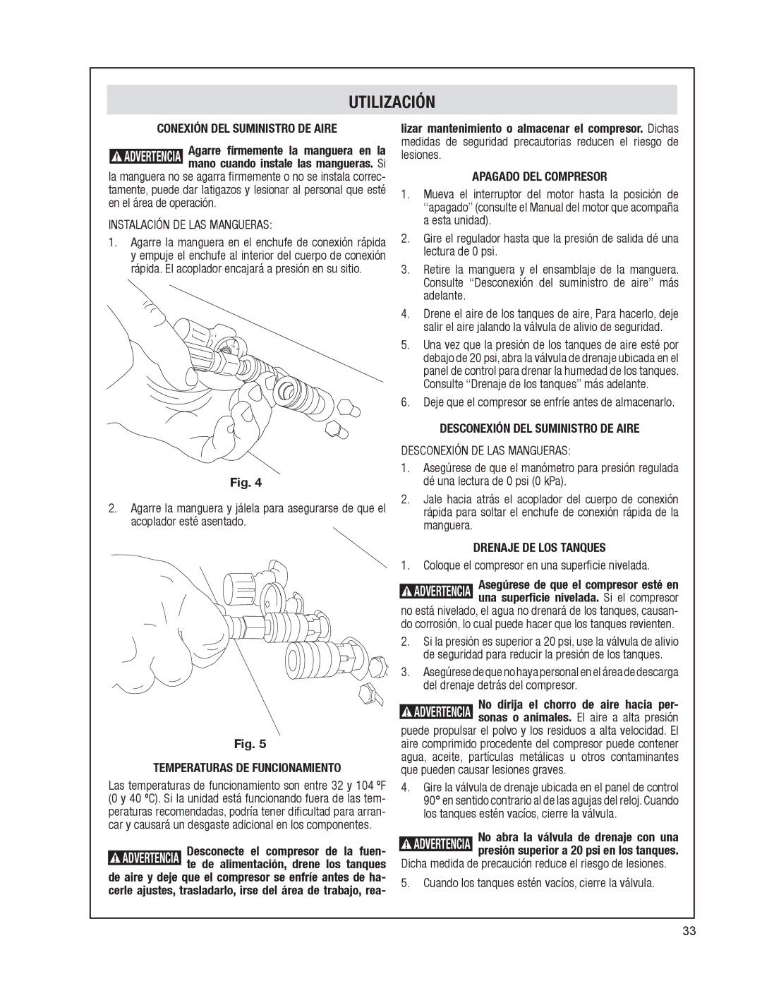 Bosch Power Tools CGT8-65W manual Conexión DEL Suministro DE Aire, Temperaturas DE Funcionamiento, Apagado DEL Compresor 