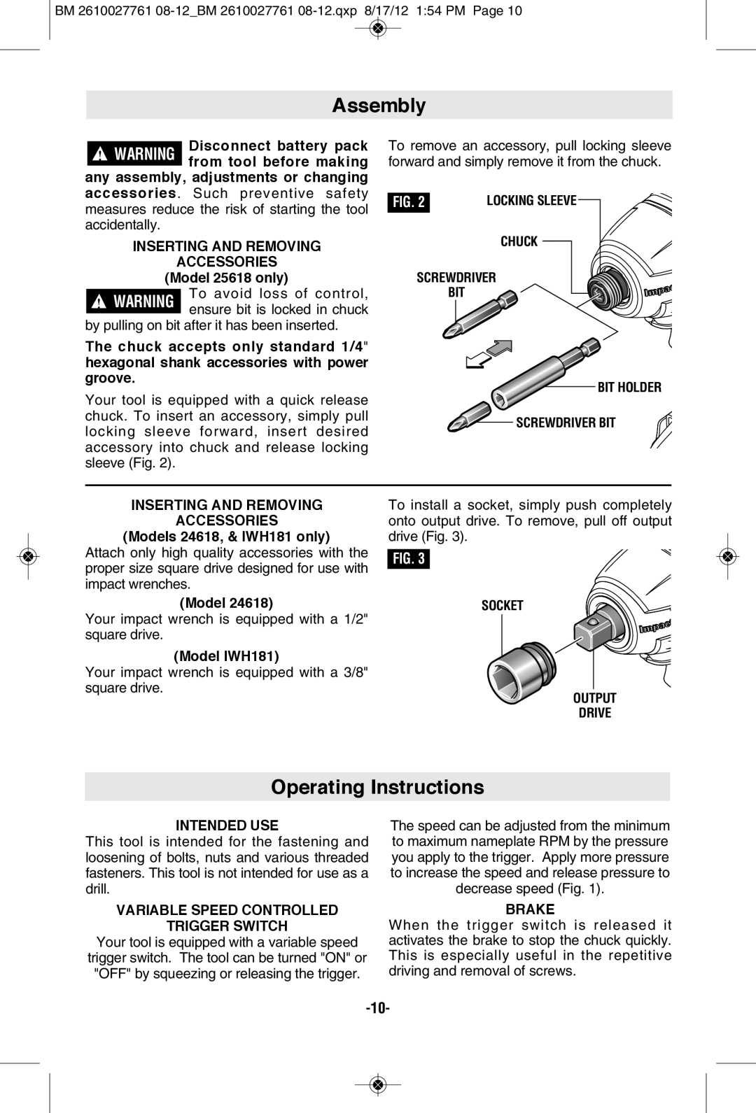 Bosch Power Tools 24618BL, CLPK224-181, 25618-01, 25618BL, 25618-02, CLPK222-181, 25618BN manual Assembly, Operating Instructions 