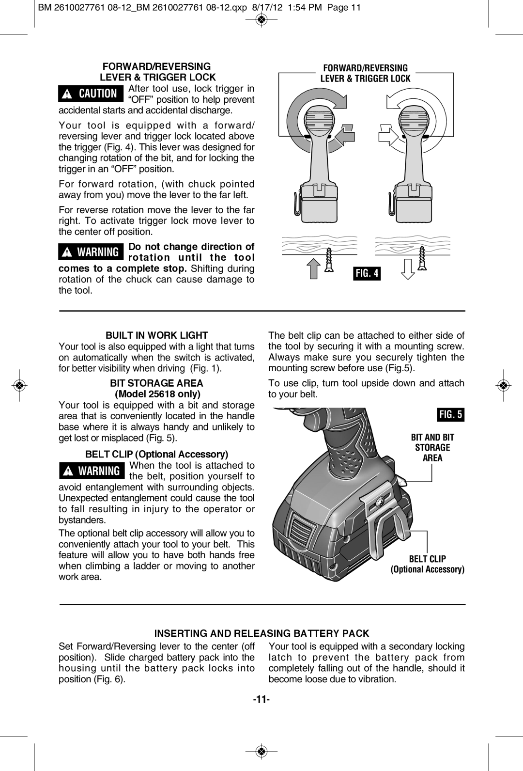 Bosch Power Tools CLPK224-181, 25618-01, 25618BL FORWARD/REVERSING Lever & Trigger Lock, BIT Storage Area Model 25618 only 