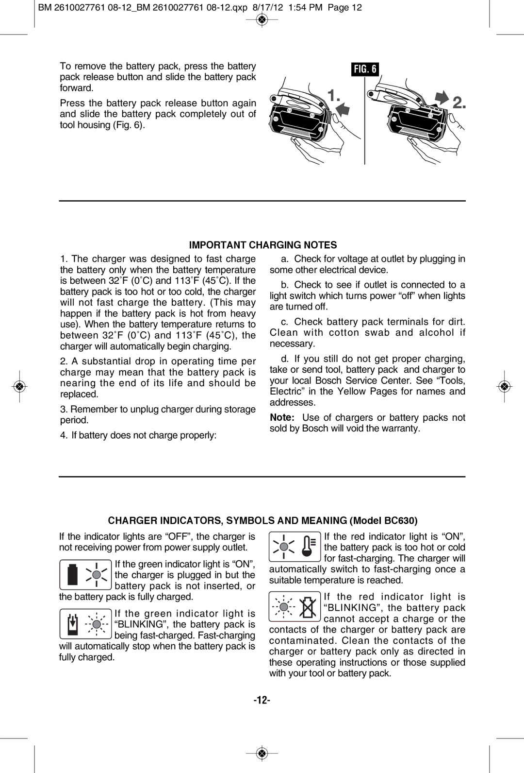 Bosch Power Tools 25618-01, CLPK224-181 manual Important Charging Notes, Charger INDICATORS, SyMBOLS and Meaning Model BC630 