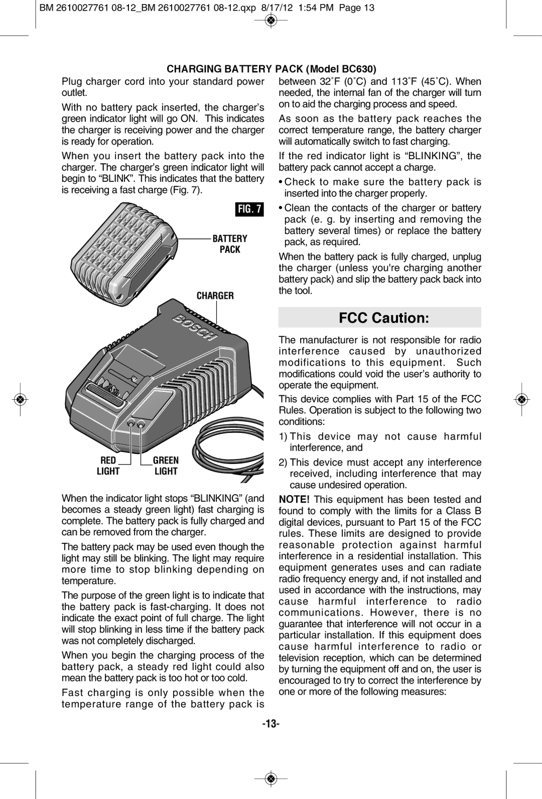 Bosch Power Tools 25618BL manual FCC Caution, Charging BATTERy Pack Model BC630, Battery Pack Charger RED Green Light Light 