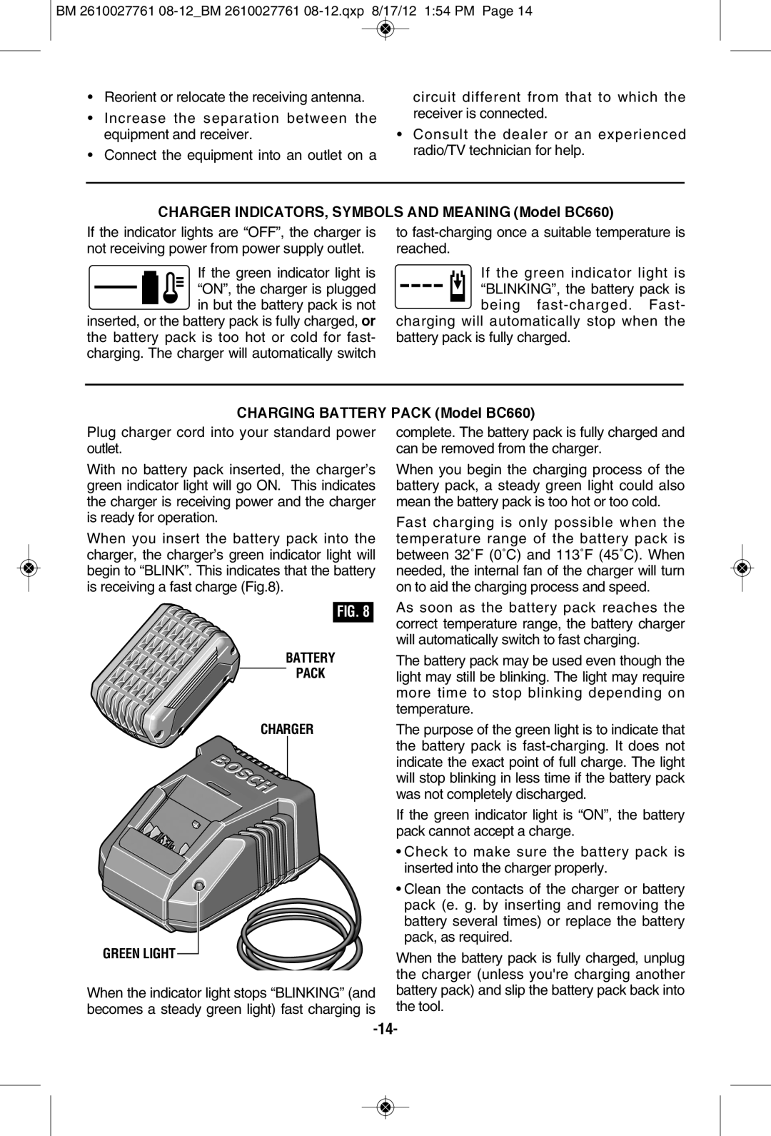 Bosch Power Tools 25618B, 25618-01 Charger INDICATORS, SyMBOLS and Meaning Model BC660, Charging BATTERy Pack Model BC660 