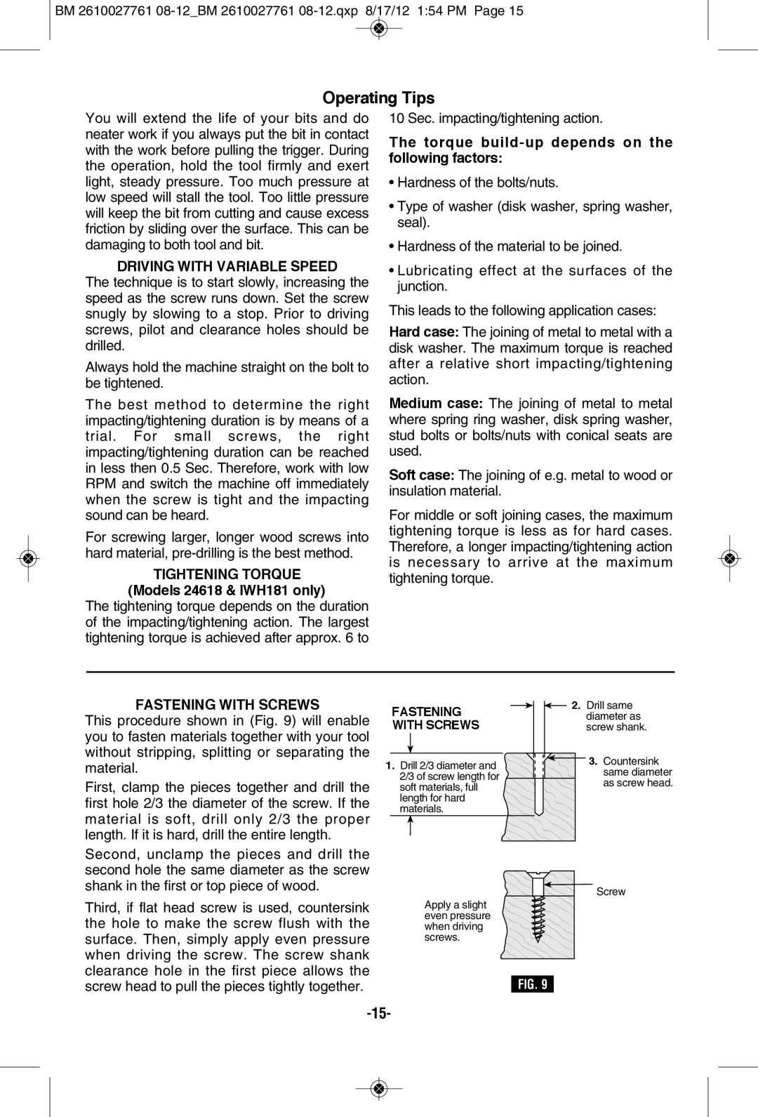 Bosch Power Tools 25618-02 manual Operating Tips, Driving with Variable Speed, Tightening TORqUE Models 24618 & IWH181 only 