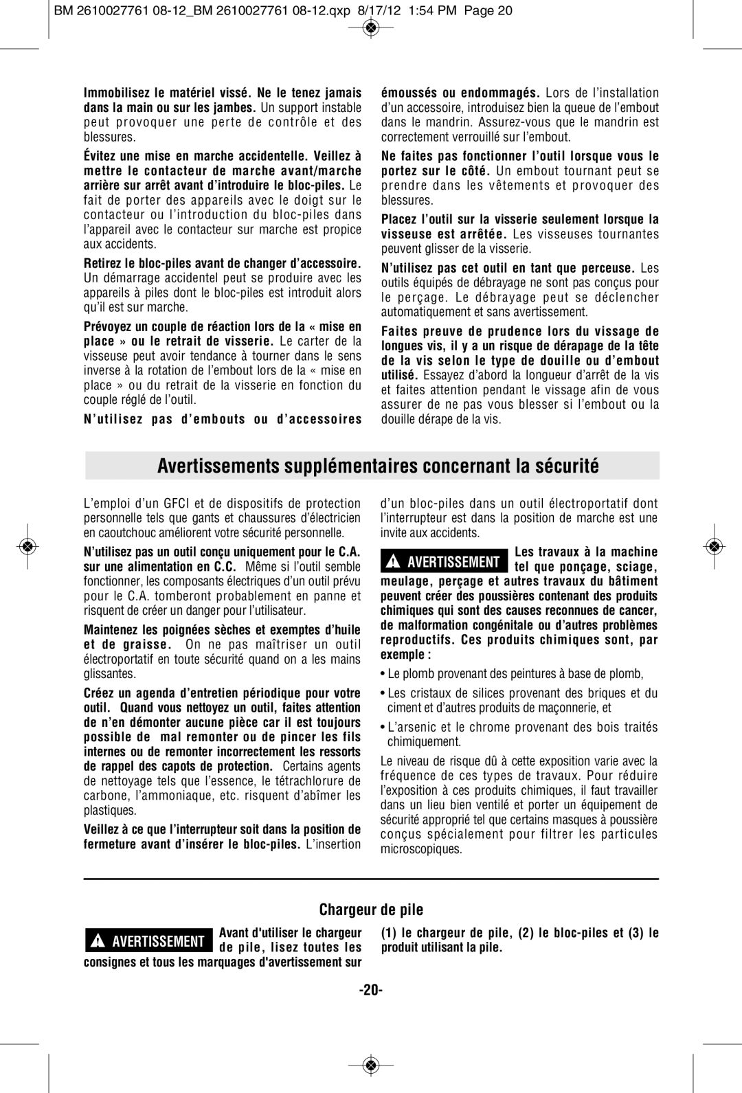 Bosch Power Tools 24618-01, CLPK224-181, 25618-01 Avertissements supplémentaires concernant la sécurité, Chargeur de pile 