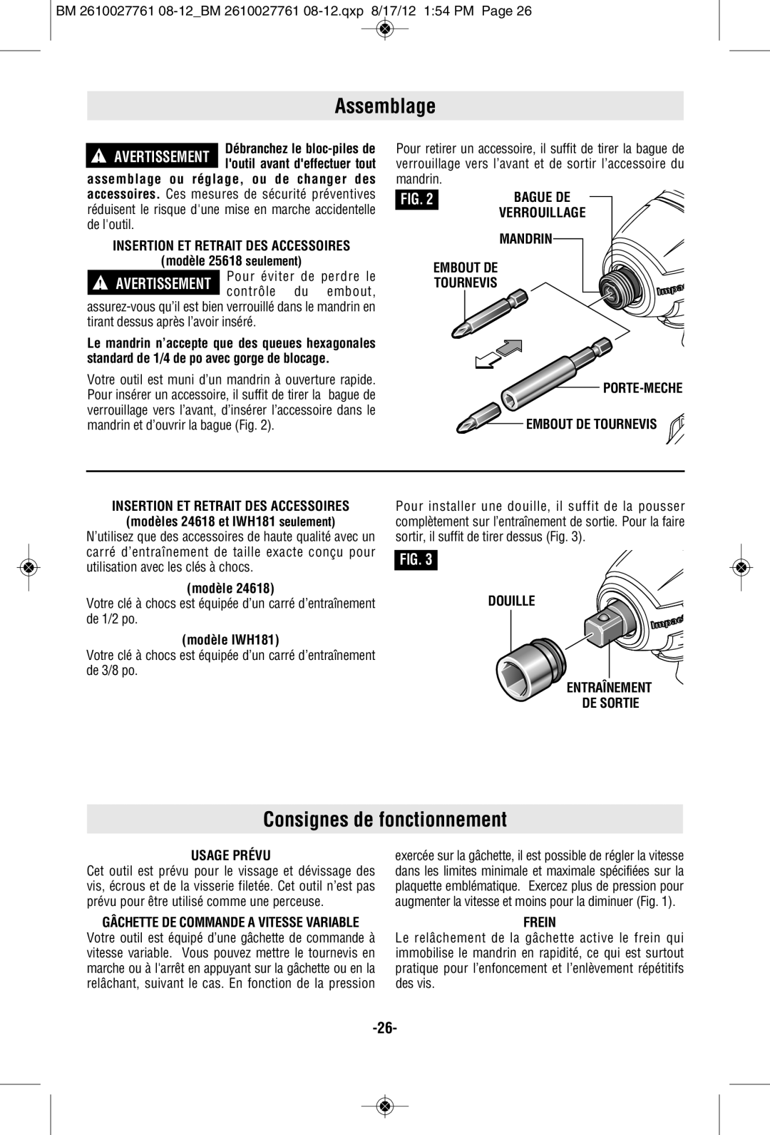 Bosch Power Tools 25618-02, CLPK224-181, 25618-01, 25618BL, CLPK222-181, 25618BN manual Assemblage, Consignes de fonctionnement 