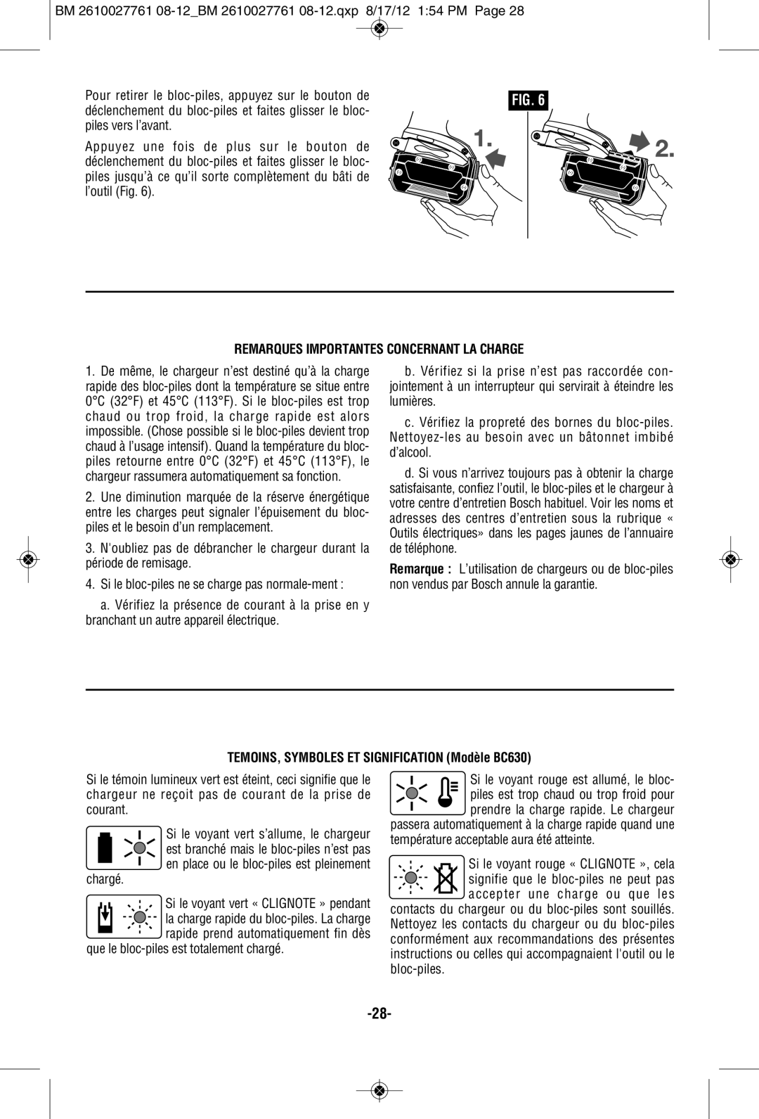 Bosch Power Tools 25618BN Remarques Importantes Concernant LA Charge, TEMOINS, Symboles ET Signification Modèle BC630 