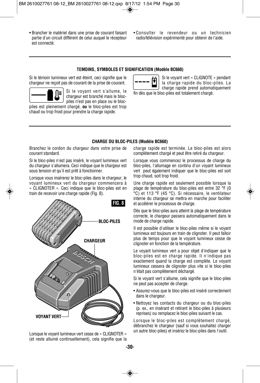 Bosch Power Tools 24618BN, CLPK224-181 TEMOINS, Symboles ET Signification Modèle BC660, Charge DU BLOC-PILES Modèle BC660 